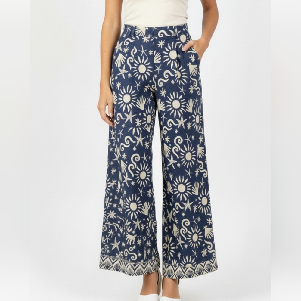 C&C California Size Medium 100% Linen Wide Leg Trouser Pants Ocean Design